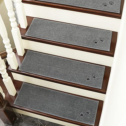 BEQHAUSE Stufenmatten Innen rutschfest,Einfache Montage, Grau,4 Stück | Maschinenwaschbare Treppenteppich Selbstklebend für Kinder, Älteste und Haustiere, 100% Polyester TPE-Rücken,22X70cm