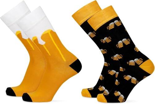 normani 2 Paar Lustige Socken | Bunte Motiv Socken mit abwechslungsreichen Mustern und Farben | Mit komfortablem Piqué-Bund aus Baumwolle Farbe Bier Größe 36-41