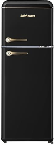 SOLTHERMIC frigorifico 2 puertas RETRO acabado dorado F2PR147N DE 1,47 cm de alto x 55 de ancho de gran capacidad de hasta 220L silencioso bajo consumo y control de temperatura