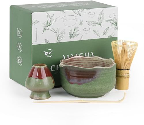 Pottery Matcha Set - Japanese Handcrafted Matcha Tea Bowl Mineral Glaze Bowl with Spout, Bamboo Whisk, Scoop & Chasen Holder | 4pc Tea Ceremony Kit for Matcha Lovers (Forest Glow)