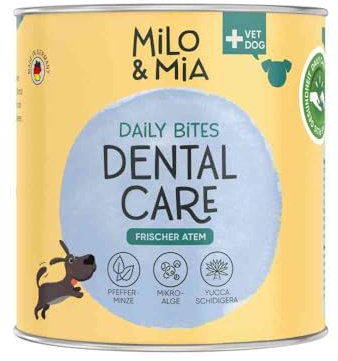 Milo & Mia - Dentalsnack für Hunde - Hundeleckerlis gegen Mundgeruch - Wohlschmeckend und hochbekömmlich - Hunde Zahnpflegesnack mit Pfefferminze und Yucca Shidigera gegen unangenehme Gerüche (300g)