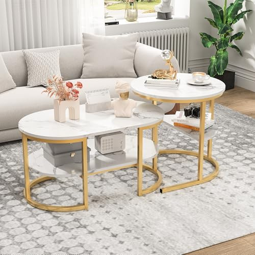 Set med 2 utdragbara soffbord, runt och ovalt soffbord med förvaringsutrymme, moderna soffbord, sidobord, marmorutseende och metallram, för vardagsrum, balkong och kontor (guld)