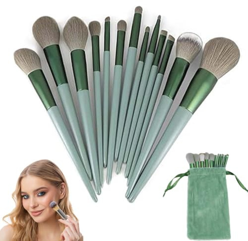 13 Pièces Set Pinceaux Maquillage Emeraude vert avec Sac en Flanelle, LAJUP Pinceaux Professionnel pour fond De Teint Mélange Poudre Le Visage Ombres à Paupières