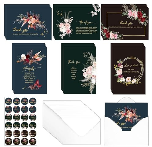 Funeral Thank You Cards Envelopes - 24 Pcs Watercolor Flowers Sympathy Bereavement Thank You Card with Envelopes Stickers Memory Cards for Funeral Family Friends Loved Ones Supplies