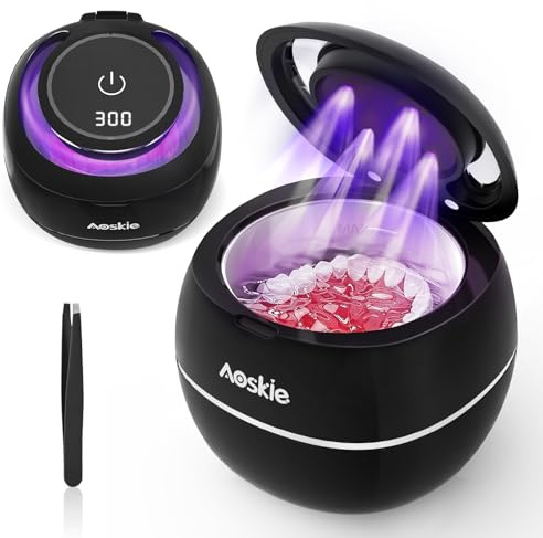Aoskie Limpiador Ultrasonidos Dental 42kHz/30W para Dentaduras Postizas, Alineadores, Protectores Bucales, Joyas, Cabezales de Cepillos de Dientes, 180ML Ultrasonic Cleaner para Aparatos Dentales