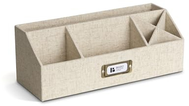 BIGSO ELISA Schreibtisch Organizer – Aufbewahrungsbox mit 4 Fächern – Schreibtischablage für Zettel, Büroklammern, Stifte & Kleinteile – Sortierkasten aus Faserplatte und Papier – Leinen