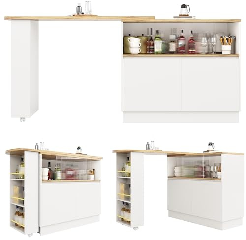 360°Drehbarer Stehtisch Tisch Stehtisch Küchentisch Kücheninsel, mit Ablageflächen und Glas und Offenen Ablageflächen,für Wohnzimmer, Esszimmer, Homeoffice,90x45x100cm,Weiß