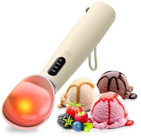 Heated Ice Cream Scoop Rechargeable, IP67 Waterproof Electric Warming Ice Cream Scooper with LED Display, Heats to 70°C for Hard Ice Cream, Easy for Seniors & Kids (Beige)
