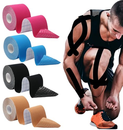 LQUYTA4 Rotoli Kinesio Tape 3,8cm x 5m Nastro Adesivo Sportivo In Cotone Elastico Per Tonificazione Muscolare E Fissaggio Articolare Autoadesivo (Blu + Colore della Pelle+ Rosa + Nero)