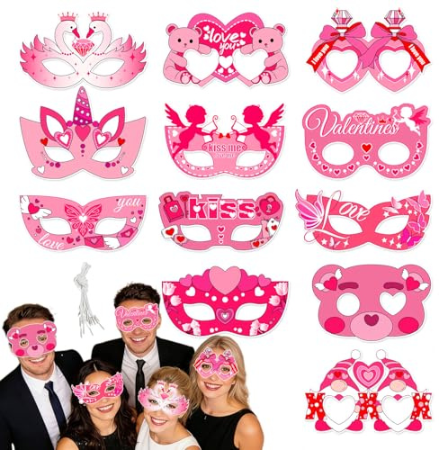 Happy Valentine's Day Party Masks, 12pcs Dress Up Cosplay Masks, Photo Props Pink Valentine's Day Heart Paper Party Supplies Cute Mask Decorations