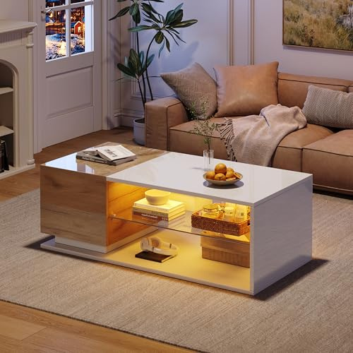 BTM Table Basse LED, laquée Brillante, de Salon avec éclairage et Bande Lumineuse, avec Espace de Rangement, 105 x 50 x 36 cm
