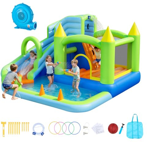 VEVOR Château Gonflable, Aire de Jeux Gonflable avec Toboggan Aquatique, Piscine, Zone de Saut, Canon à Eau, Panier de Basket, pour 3 à 4 Enfants de 3 à 8 Ans, 344x374x213 cm, Souffleur Inclus