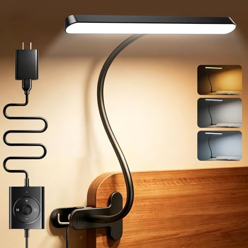 Glocusent 7W Horizontal Leselampe Bett, 57 LED Klemmlampe mit 3 Farben & 5 Helligkeiten, 7cm Clip Bettlampe mit Amber Modus, 30/60-Min Timer, Augenschutz ideal für Studieren Arbeiten Lesen mit Adapter