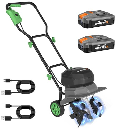 WORKPROX 40V Cordless Tiller Cultivator, 16 Steel Tines, 12-Inch Wide Garden Rototiller, 2 x 4.0Ah Batteries, Battery Powered Garden Cultivator for Lawn & Soil Cultivation