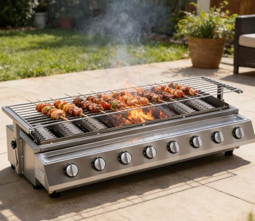 Commercial Barbecue Grill, 6/8 Burners LPG Tabletop Gas Grill, Stainless Steel with Griddle and Independent Ignition for Restaurants and Outdoor Camping B