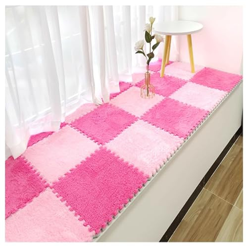 Weiche Plüsch-Schaumstoff-Bodenmatten – Puzzle-Teppich, 12 Stück (30 x 30 cm), Flauschige Teppichfliesen für Kinderzimmer, rosa und rosarot, ungiftig, leicht zu reinigen, komfortable Spielfl