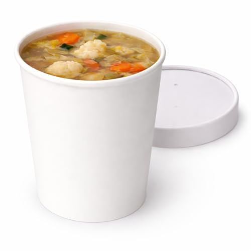 PacknWood Vaso de Sopa de Cartón con Tapa Blanco 470ml - 25 Uds | Ø9.7x10 cm, Hostelería Catering Eventos, Ref 210SOUPCO17