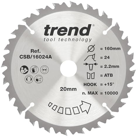 Trend 160mm Wood Circular Saw Blade, 20mm Bore, 24T, TCT, Medium Finish | For Clean Medium Finish Cuts In Wood, With 24 Teeth, 2.2 mm Kerf And +15° Hook, CSB/16024A