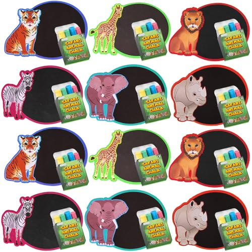 ArtCreativity Safari Animal Chalkboard Sets - Pack of 12 Mini Chalkboards with 4 Chalks Each (48 Chalks Total), Fun Safari Party Favors, Zoo & Wild Animal Birthday Gifts for Kids