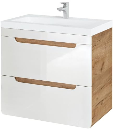 Lomadox Waschtischunterschrank 61 cm mit Keramik-Waschtisch LUTON-56 Hochglanz weiß mit Wotan Eiche Nb. B/H/T ca. 61/63/46 cm
