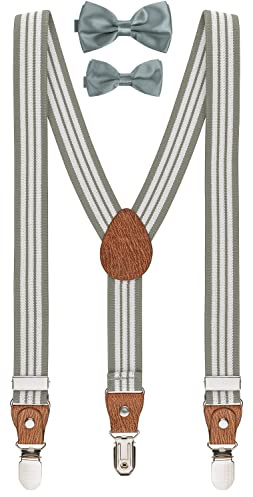 BomGuard - Set di bretelle per bambini adolescenti a strisce, grigie + papillon grigio