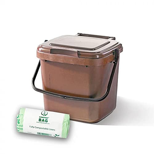 7L Brown Kerbside Recycling Caddy, Lockable Lid and Carry Handle, Indoor and Outdoor Kitchen Waste Bin for Food Waste and Household Recycling - Includes 25 Pack Cimpostable Bin Liners