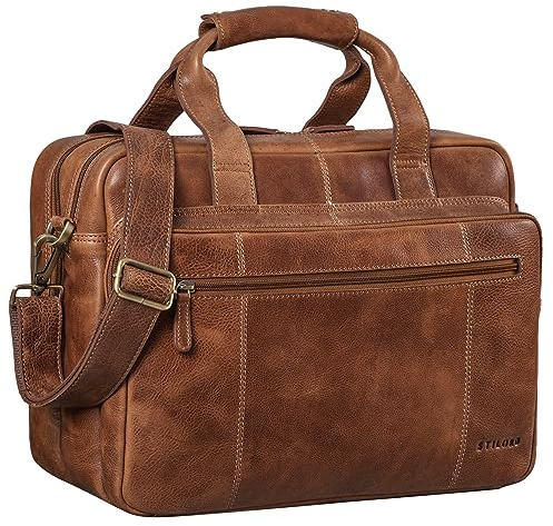 STILORD Experience XL Aktentasche Leder Herren 15,6 Zoll Laptoptasche Business Lehrertasche Große Umhängetasche Arbeitstasche Bürotasche mit Trolleyschlaufe Echtleder Farbe:Cognac - Dunkelbraun