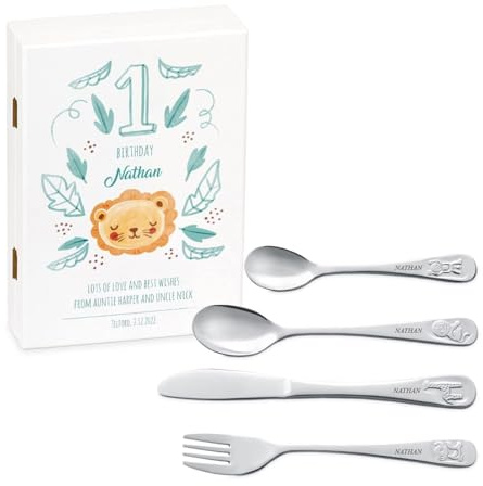MAVERTON Kids Silverware in a Wooden Box – Personalised Animals Cutlery Set – Stainless Steel Engraved Utensil Set – for Boys - Lion