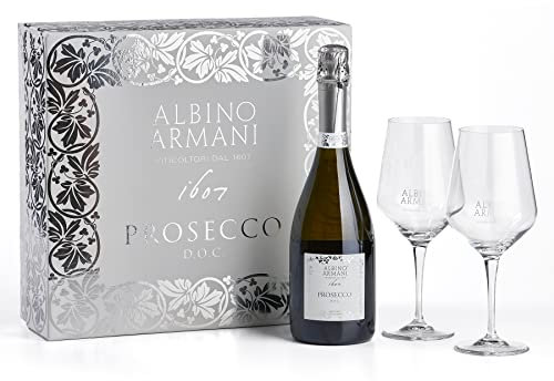 ALBINO ARMANI - GIFT PROSECCO con due calici - Confezione regalo da 1 bottiglia x 750 ml - 1x Prosecco DOC Extra Dry, 2x Calici in vetro con logo