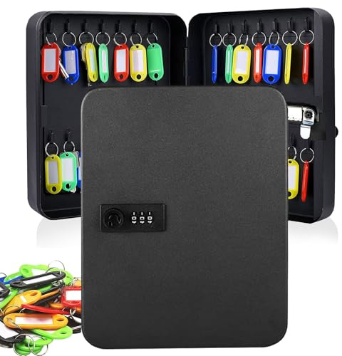 Key Safe Box 28 Key Steel Cabinet Wall Mounted Key Safe Storage Organiserfor Outdoor, Combination Security Lock Box with 30 Key Tags, Keysafe Box for Indoor Outside Property Garage, Black