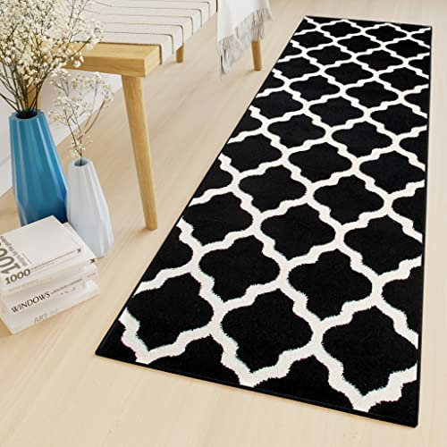 TAPISO Luxury Läufer Teppich Meterware Flur Kurzflor Brücke Modern Schwarz Weiß Geometrisch Marokkanisch Gitter Schlafzimmer ÖKOTEX 120 x 380 cm