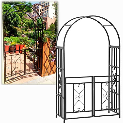 Stable Garden Arch With Gate, Metal Archway Pergola Arches For Climbing Plants Roses Support Rack, Lawn Backyard Entrance Decorative Arched Frame With Double Door, Wedding Arch