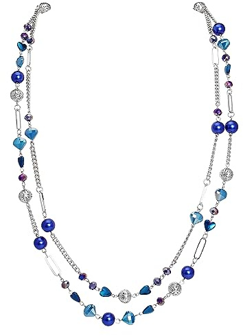 Bocar Beaded Necklace, 2 Layer Long Link Chain Necklace Crystal Beads for Women, Choker Jewelry Gift (NK-10689-Royal Blue)