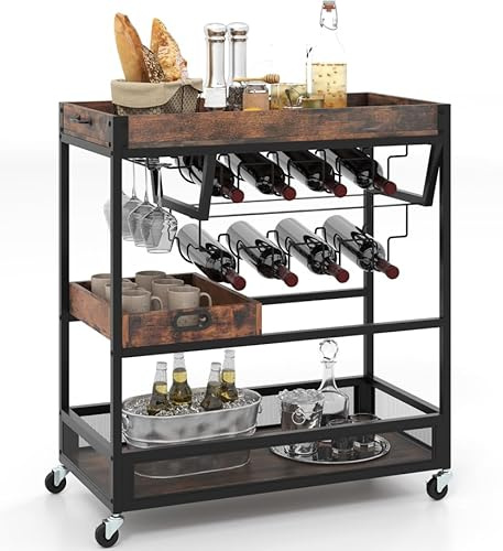 KOMFOTTEU Carrello da cucina industriale a 3 livelli, carrello di servizio con portabottiglie, portabicchieri e vassoio estraibile, carrello ausiliario in legno con ruote, per sala da pranzo, bar, 88