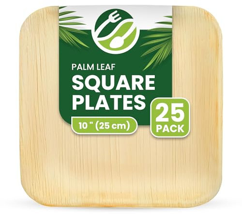 ECO Leaf 25 Disposable Palm Leaf Plates 10 (25cm) Large Square, Eco-Friendly, Biodegradable, Compostable, Durable, Oven Safe Bamboo Plates for Hot Food, Weddings, Picnics, and Parties