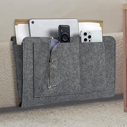 HomeGadget Bolsa organizadora de fieltro para colgar [para sofá y cama] - con 5 compartimentos para todo tipo de accesorios como periódicos, gafas, teléfono inteligente - Gris Oscuro