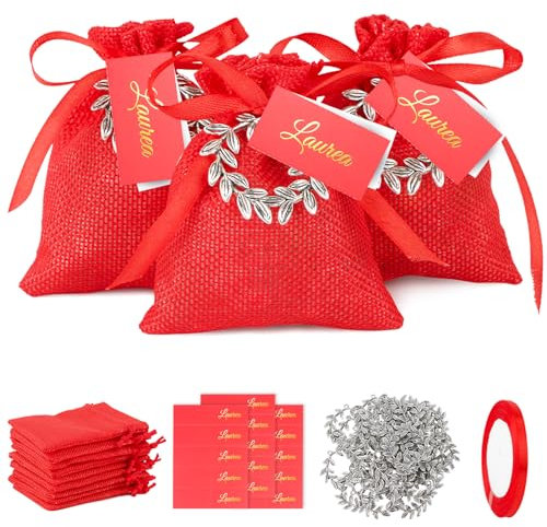 24pz Bomboniere Laurea Sacchetti Portaconfetti Ciondoli Corona d'Alloro Sacchetti Iuta Rossa Biglietti Laurea Nastro Rosso Addobbi Laurea Festa Bomboniere Confetti Regalo