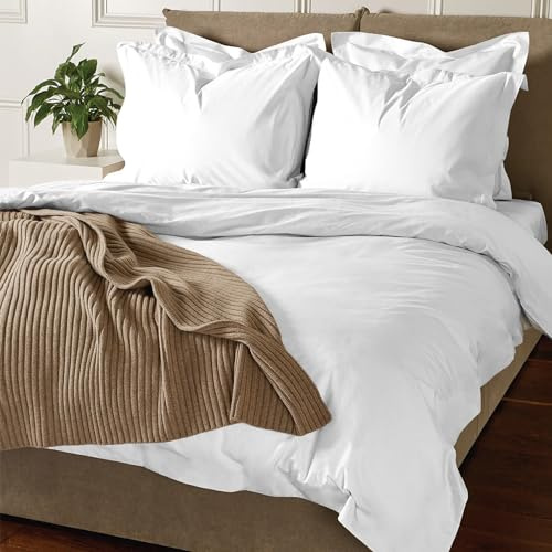 Pizuna Coton Luxueux Ensemble de Housses de Couette 220x240 cm 2 Personnes Blanc, Tissu de Satin de Coton à 800 Fils au Pouce carré Housse de Couette Respirante avec Fermeture à Boutons (240x220)