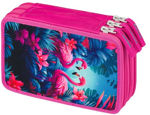 Baagl 3 Fach Federmäppchen für Jungen Mädchen, Schulmäppchen für Schreibwaren, Schulsachen Federtasche, Mädchen Federmappe, Mäppchen für Schule (Flamingos)