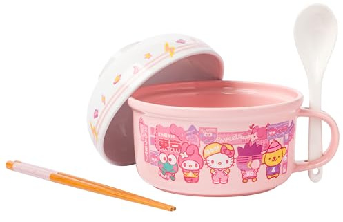 Silver Buffalo Sanrio Hello Kitty and Friends Suppentasse mit Keroppi, My Melody, Badtz-Maru und Pompompurin Suppentasse und Schüsseldeckel mit Löffel und Essstäbchen, 370 ml Schüsseldeckel, 625 ml