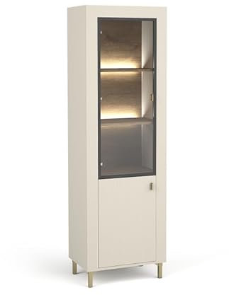 MINIO go for it - Vitrine ASSO 3, mit LED-Beleuchtung, Glasvitrine mit 2 Türen, hohe Vitrinenschrank, Goldene Beine, Farbe: Kashmir/Whisky Eiche