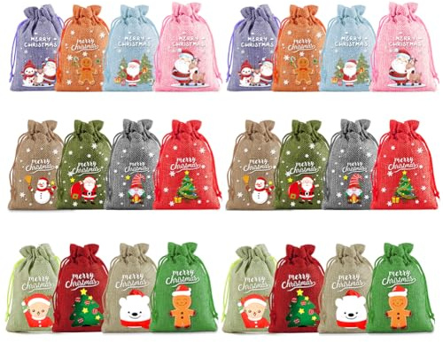 24 Stück Jutebeutel mit Kordelzug Weihnachts Beutel Weihnachts Säckchen Taschen für Süßigkeiten Weihnachtsdekoration