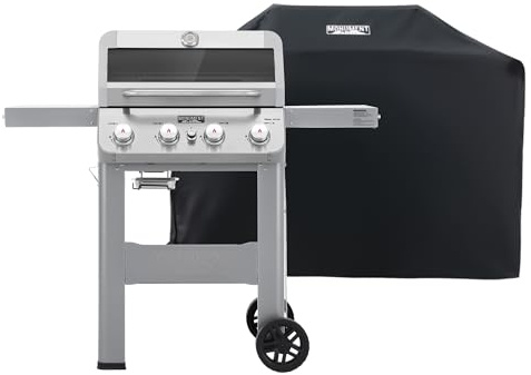 Monument Grills 4-Burner Liquid Propane Gas Grill, Silver Stainless Steel Grill Patio Garden Barbecue Grill with Clearview® Lid and One Foldable Shelf, Mesa400MF with BBQ Cover