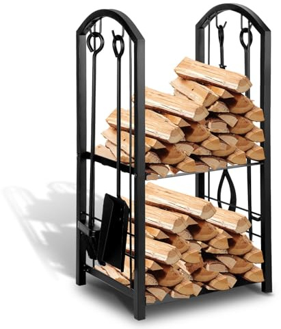 Vkechh Zweischichtiges Brennholzregal Innen Metall Kaminholzständer Schwarz Inklusive 4 Kaminwerkzeuge, Ideal für Innen- und Außengebrauch, Großes Lagerregal für Holzscheite