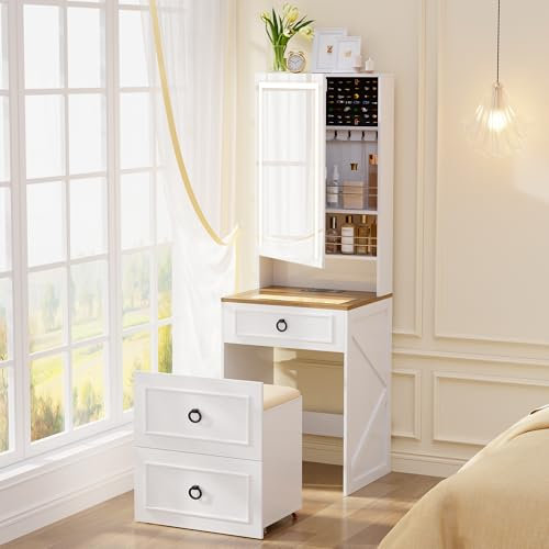 Lvifur 3 in 1 Schminktisch mit Spiegel und Hocker,Eckschminktisch mit Schmuckkästchen für Wohnung,kleines Zimmer,Schminktisch Ecke viel stauraum mit Schubladen