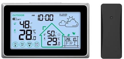 Weather Station Wireless Weather Station Touch LCD Digital DCF Wall Clock In/Outdoor Thermometer Hygrometer Trend Comfort Forecast Sensor(Nero)