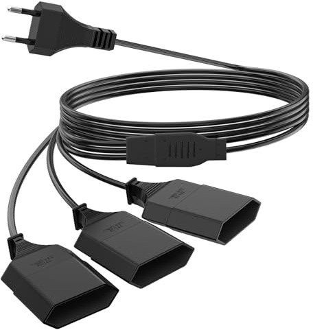 HITRENDS 3M Stromkabel Verlängerung Netzkabel, 3-in-1 Verlängerungskabel, Typ-C-Stecker Eurostecker auf Doppel Typ-C Euro Buchse, 0,75 mm² Max. 2,5A/250V fürTV PC Computer Haushaltsgeräte Schwarz