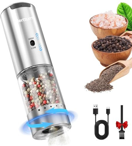 MERTTURM Recargable Molinillo Pimienta Eléctrico, Molinillo Especias 95ml Ajuste Externo, Acero Inoxidable Recipiente Lavable con Luz LED, Para Cocina, BBQ, Camping (1PCS)
