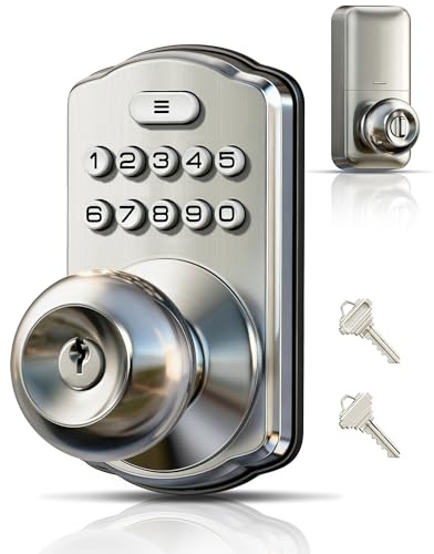 Veise Keypad Door Knob Lock, Keyless Entry Digital Lock with Handle, Electronic Smart Knob for Front Door & Bedroom, Easy Install, Auto Lock, Passage Mode, Anti-Peeping Password, Satin Nickel