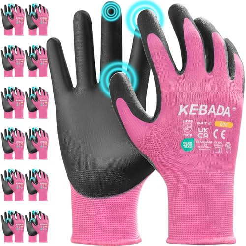 Kebada gants de travail homme/femme tactiles, revêtement PU, W1, 12 paires | Rose, Taille 7/S, maille respirante, prise antidérapante pour jardinage, mécanique, entrepôt, conduite & chantier